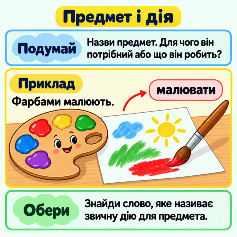 Предмет і дія. Назви предмет і пригадай, для чого він потрібний або що він робить. Приклад: пензель із фарбою залишає мазок на папері; поруч слово «малювати». Фарбами малюють. Обери слово, яке називає звичну дію для предмета. Предмет і дія Подумай: Назви предмет. Для чого він потрібний або що він робить? Приклад: Фарбами малюють. Обери: Знайди слово, яке називає звичну дію для предмета. малювати