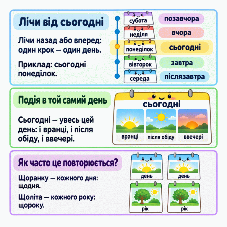 Приклад відліку від понеділка: субота — позавчора, неділя — вчора, понеділок — сьогодні, вівторок — завтра, середа — післязавтра. Один крок між днями дорівнює одному дню. На одному аркуші показано ранок, час після обіду й вечір: усе це може бути сьогодні. Повторення щоранку означає щодня, а щоліта — щороку. Лічи від сьогодні: Лічи назад або вперед: один крок — один день.
Приклад: сьогодні понеділок. Подія в той самий день: Сьогодні — увесь цей день: і вранці, і після обіду, і ввечері. Як часто це повторюється?: Щоранку — кожного дня: щодня.
Щоліта — кожного року: щороку. субота неділя понеділок вівторок середа позавчора вчора сьогодні завтра післязавтра день рік вранці після обіду ввечері