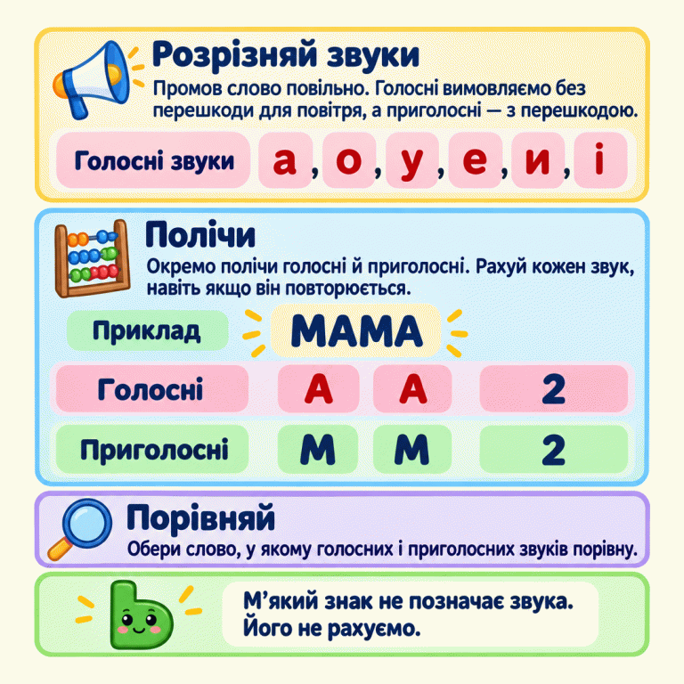 Пам’ятка вчить промовляти слово, окремо рахувати голосні й приголосні та обирати слово, де їх порівну. Показано шість голосних звуків: а, о, у, е, и, і. У навчальному прикладі «МАМА» два голосні А та два приголосні М. Кожне повторення рахуємо окремо. М’який знак ь не позначає звука. Розрізняй звуки: Промов слово повільно. Голосні вимовляємо без перешкоди для повітря, а приголосні — з перешкодою. Полічи: Окремо полічи голосні й приголосні. Рахуй кожен звук, навіть якщо він повторюється. Порівняй: Обери слово, у якому голосних і приголосних звуків порівну. М’який знак не позначає звука. Його не рахуємо. Голосні звуки а, о, у, е, и, і Приклад МАМА Голосні Приголосні А М 2 ь