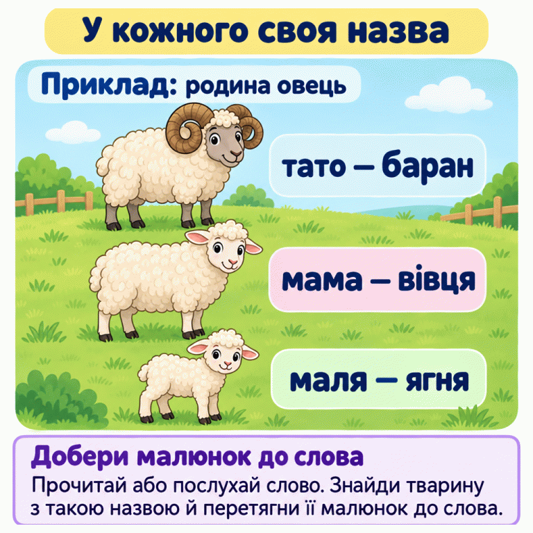У кожного своя назва. Приклад родини овець: тато — баран, мама — вівця, маля — ягня. Прочитай або послухай слово, знайди тварину з такою назвою та перетягни її малюнок до слова. У кожного своя назва Добери малюнок до слова: Прочитай або послухай слово. Знайди тварину з такою назвою й перетягни її малюнок до слова. Приклад: родина овець тато — баран мама — вівця маля — ягня