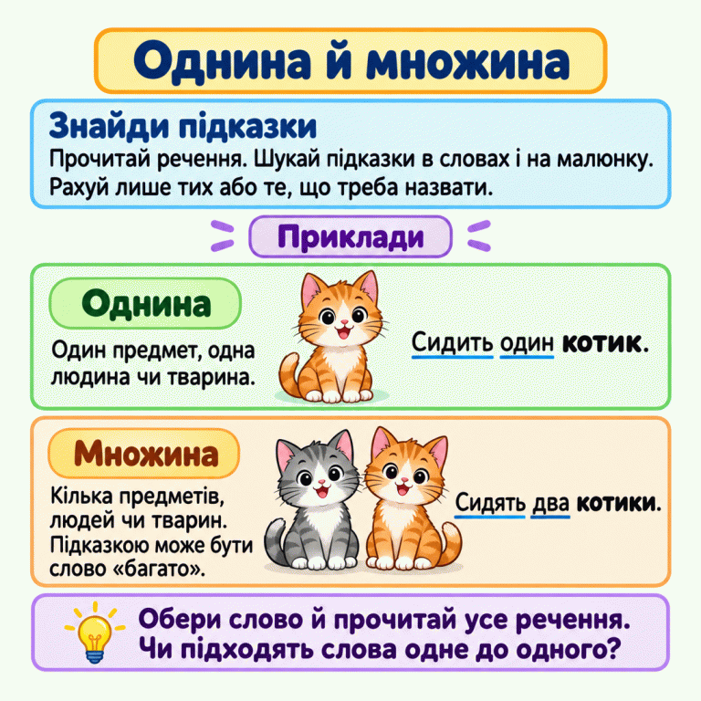 Картка пояснює, як вибрати однину або множину: прочитати речення, знайти підказки та порахувати саме тих або те, що треба назвати. У прикладі однини сидить один котик, а в прикладі множини сидять два котики. Слово «багато» також підказує множину. Після вибору слова потрібно прочитати все речення. Однина й множина Знайди підказки: Прочитай речення. Шукай підказки в словах і на малюнку. Рахуй лише тих або те, що треба назвати. Однина: Один предмет, одна людина чи тварина. Множина: Кілька предметів, людей чи тварин. Підказкою може бути слово «багато». Обери слово й прочитай усе речення. Чи підходять слова одне до одного? Приклади Сидить один котик. Сидять два котики.