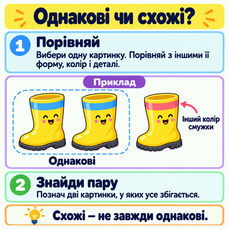 Навчальний приклад пошуку однакових картинок. Два жовті чоботи з блакитними смужками однакові за формою, кольорами й деталями. У схожого третього чобота смужка коралова, тому він не належить до пари. Порада: порівняй форму, колір і деталі та познач обидві картинки, у яких усе збігається. Однакові чи схожі? Порівняй: Вибери одну картинку. Порівняй з іншими її форму, колір і деталі. Знайди пару: Познач дві картинки, у яких усе збігається. Схожі — не завжди однакові. Приклад Однакові Інший колір смужки 1 2