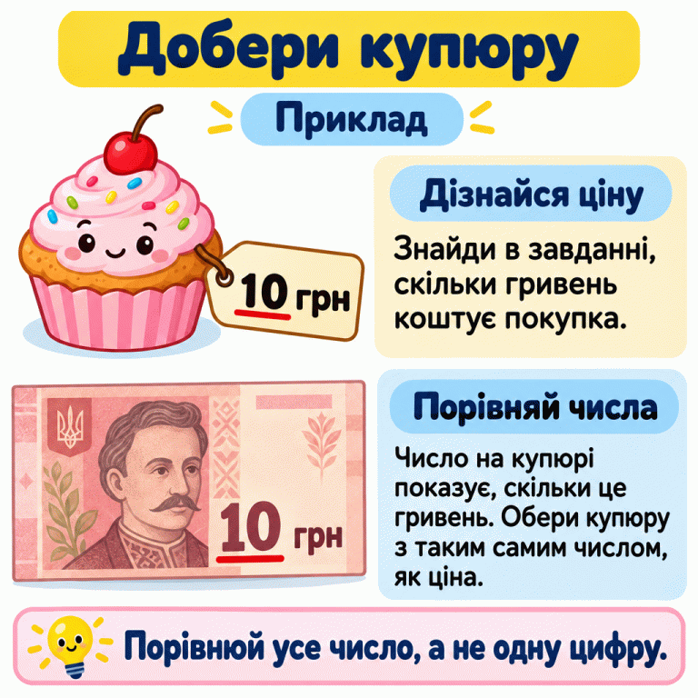 Навчальний приклад: кекс коштує 10 грн, а для оплати показана купюра на 10 гривень. Однакові числа підкреслено. Знайди ціну покупки в завданні та обери купюру з таким самим числом. Порівнюй усе число, а не одну цифру. Добери купюру Дізнайся ціну: Знайди в завданні, скільки гривень коштує покупка. Порівняй числа: Число на купюрі показує, скільки це гривень. Обери купюру з таким самим числом, як ціна. Порівнюй усе число, а не одну цифру. Приклад 10 грн 10 грн