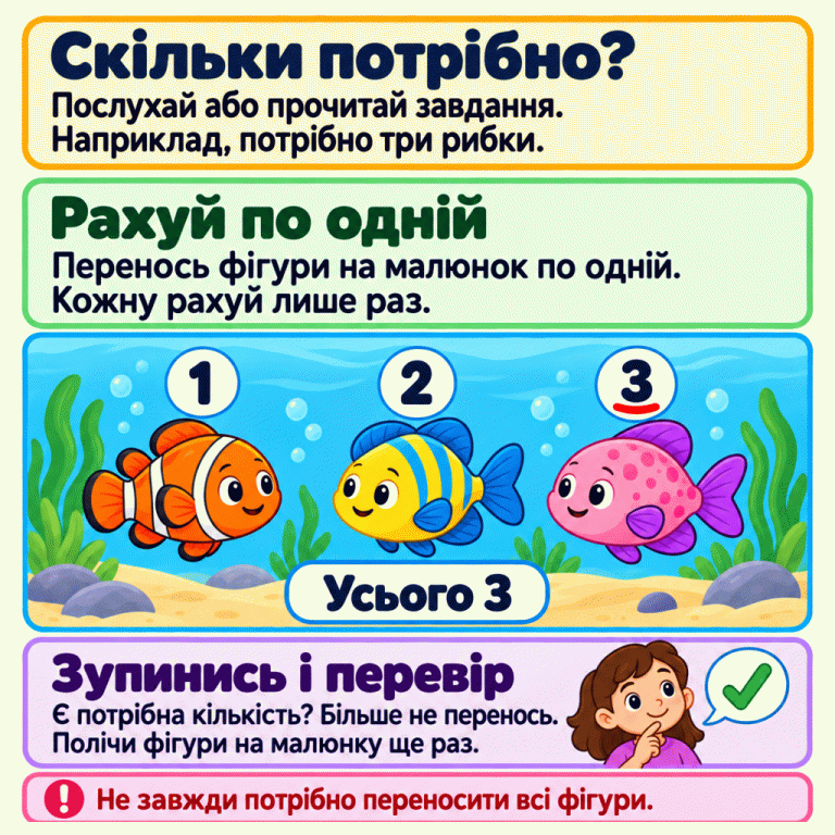 Навчальний приклад: потрібно три рибки. На водному тлі зображено три рибки з лічильними позначками 1, 2, 3. Підсумок — «Усього 3». Пояснення радить дізнатися потрібну кількість із завдання, переносити фігури по одній, кожну рахувати лише раз, зупинитися на потрібному числі й перевірити результат. Не завжди потрібно переносити всі доступні фігури. Скільки потрібно?: Послухай або прочитай завдання. Наприклад, потрібно три рибки. Рахуй по одній: Перенось фігури на малюнок по одній. Кожну рахуй лише раз. Зупинись і перевір: Є потрібна кількість? Більше не перенось. Полічи фігури на малюнку ще раз. Не завжди потрібно переносити всі фігури. 1 2 3 Усього 3 ✓ !