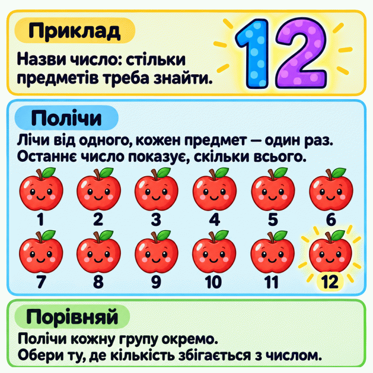 Навчальний приклад: число 12 і одна група з дванадцяти яблук. Кожне яблуко має лічильне число від 1 до 12. Останнє число показує, скільки яблук усього, і збігається з числом прикладу. Щоб виконати завдання, полічи кожну групу окремо й обери ту, кількість предметів у якій відповідає заданому числу. Приклад: Назви число: стільки предметів треба знайти. Полічи: Лічи від одного, кожен предмет — один раз. Останнє число показує, скільки всього. Порівняй: Полічи кожну групу окремо. Обери ту, де кількість збігається з числом. 1 2 3 4 5 6 7 8 9 10 11 12