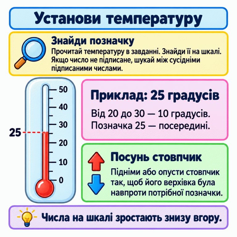 Навчальний приклад: термометр зі шкалою від 0 до 50 показує 25 градусів. Верхівка стовпчика розташована посередині між позначками 20 і 30. Щоб установити температуру зі свого завдання, знайди її позначку й підніми або опусти до неї верхівку стовпчика. Установи температуру Знайди позначку: Прочитай температуру в завданні. Знайди її на шкалі. Якщо число не підписане, шукай між сусідніми підписаними числами. Приклад: 25 градусів: Від 20 до 30 — 10 градусів. Позначка 25 — посередині. Посунь стовпчик: Підніми або опусти стовпчик так, щоб його верхівка була навпроти потрібної позначки. Числа на шкалі зростають знизу вгору. 10 20 30 40 50 25