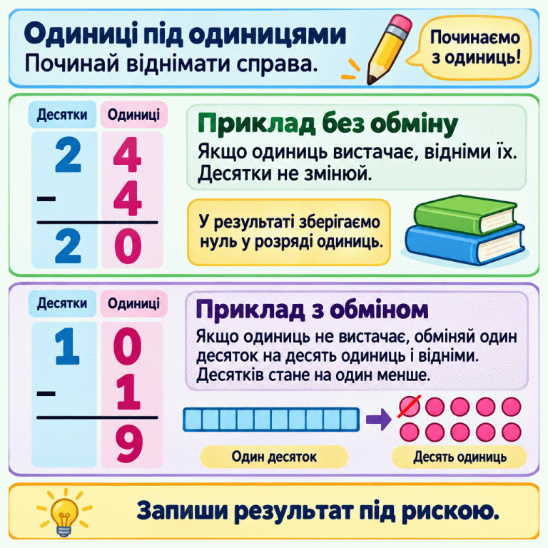 Пояснення віднімання у стовпчик. Одиниці записують під одиницями й починають віднімати справа. У навчальному прикладі 24 мінус 4 дорівнює 20: одиниць вистачає, тому десятки не змінюються. У прикладі 10 мінус 1 один десяток обмінюють на десять одиниць. На малюнку смужка з десяти комірок замінюється десятьма окремими фішками; одну перекреслено, дев’ять залишилися. Результат 9 записаний під рискою без початкового нуля. Одиниці під одиницями: Починай віднімати справа. Приклад без обміну: Якщо одиниць вистачає, відніми їх. Десятки не змінюй. Приклад з обміном: Якщо одиниць не вистачає, обміняй один десяток на десять одиниць і відніми. Десятків стане на один менше. Запиши результат під рискою. Десятки Одиниці 24 4 20 10 1 9 − Починаємо з одиниць! У результаті зберігаємо нуль у розряді одиниць. Один десяток Десять одиниць