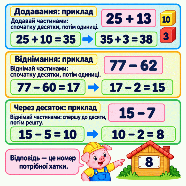 Три навчальні приклади показують обчислення частинами. Для 25 + 13 спочатку додаємо 10 й отримуємо 35, потім додаємо 3 й отримуємо 38. Для 77 − 62 спочатку віднімаємо 60 й отримуємо 17, потім віднімаємо 2 й отримуємо 15. Для 15 − 7 спочатку віднімаємо 5 до десяти, потім ще 2 й отримуємо 8. Поросятко вказує на хатку з номером 8 — відповіддю останнього прикладу. У кожному завданні потрібно обчислити свій вираз і знайти хатку з відповідним номером. Додавання: приклад: Додавай частинами: спочатку десятки, потім одиниці. Віднімання: приклад: Віднімай частинами: спочатку десятки, потім одиниці. Через десяток: приклад: Віднімай частинами: спершу до десяти, потім решту. Відповідь — це номер потрібної хатки. 25 + 13 25 + 10 = 35 35 + 3 = 38 77 − 62 77 − 60 = 17 17 − 2 = 15 15 − 7 15 − 5 = 10 10 − 2 = 8 8 10 3