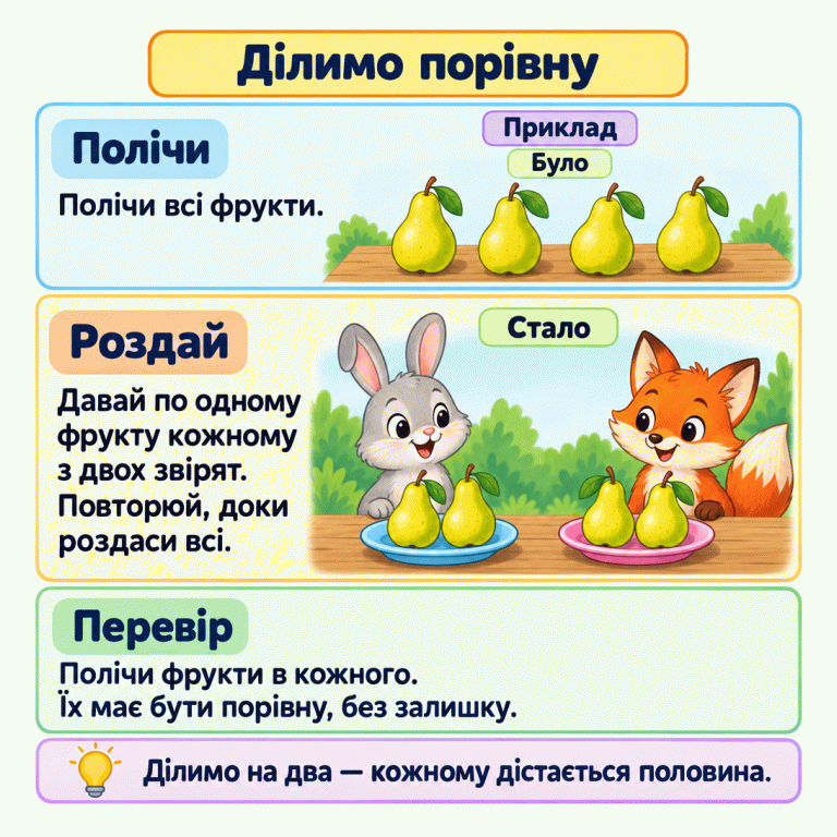 Ділимо фрукти порівну між двома звірятами. Спочатку полічи всі фрукти. Давай по одному кожному, доки роздаси всі. У навчальному прикладі було чотири груші, а після роздавання зайчик і лисичка отримали по дві. У кожного однакова кількість, нічого не залишилося. Кожному дісталася половина. Ділимо порівну Полічи: Полічи всі фрукти. Роздай: Давай по одному фрукту кожному з двох звірят. Повторюй, доки роздаси всі. Перевір: Полічи фрукти в кожного. Їх має бути порівну, без залишку. Ділимо на два — кожному дістається половина. Приклад Було Стало
