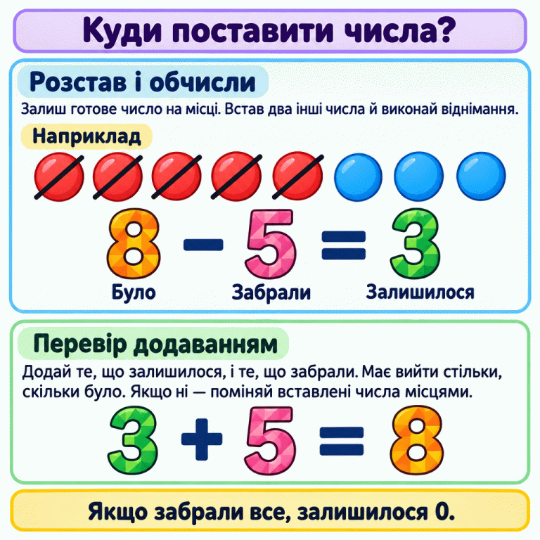 Картка пояснює, як розставити два числа у прикладі на віднімання, не рухаючи готове число. Навчальний приклад: було вісім фішок, п’ять перекреслено як забрані, три залишилися. Під рівністю 8 − 5 = 3 підписано ролі чисел: «Було», «Забрали», «Залишилося». Перевірка додаванням: 3 + 5 = 8. Якщо перевірка не сходиться, вставлені числа потрібно поміняти місцями. Якщо забрали все, залишилося нуль. Куди поставити числа? Розстав і обчисли: Залиш готове число на місці. Встав два інші числа й виконай віднімання. Перевір додаванням: Додай те, що залишилося, і те, що забрали. Має вийти стільки, скільки було. Якщо ні — поміняй вставлені числа місцями. Якщо забрали все, залишилося 0. Наприклад 8 5 3 − = + Було Забрали Залишилося