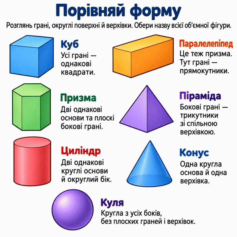 Картка пропонує розглянути грані, округлі поверхні й верхівки та обрати назву всієї об’ємної фігури. Показано сім підписаних прикладів: куб з однаковими квадратними гранями; прямокутний паралелепіпед, який також є призмою; призму з двома однаковими багатокутними основами; піраміду з трикутними боковими гранями та спільною верхівкою; циліндр із двома круглими основами; конус з однією круглою основою й верхівкою; кулю без плоских граней і верхівок. Порівняй форму: Розглянь грані, округлі поверхні й верхівки. Обери назву всієї об’ємної фігури. Куб
Усі грані — однакові квадрати. Паралелепіпед
Це теж призма. Тут грані — прямокутники. Призма
Дві однакові основи та плоскі бокові грані. Піраміда
Бокові грані — трикутники зі спільною верхівкою. Циліндр
Дві однакові круглі основи й округлий бік. Конус
Одна кругла основа й одна верхівка. Куля
Кругла з усіх боків, без плоских граней і верхівок.