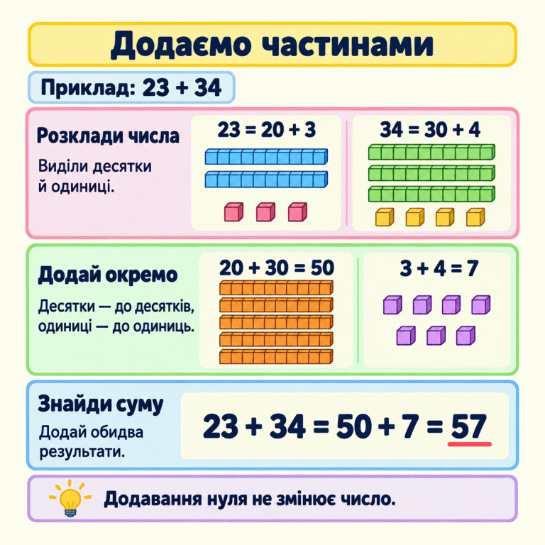 Додавання частинами на прикладі 23 + 34. Число 23 показано двома десятковими смужками й трьома одиничними клітинками, число 34 — трьома смужками й чотирма клітинками. Кожна смужка містить десять клітинок. Розкладання: 23 = 20 + 3; 34 = 30 + 4. Додаємо десятки: 20 + 30 = 50. Додаємо одиниці: 3 + 4 = 7. Об’єднуємо результати: 23 + 34 = 50 + 7 = 57. Додавання нуля не змінює число. Додаємо частинами Розклади числа: Виділи десятки й одиниці. Додай окремо: Десятки — до десятків, одиниці — до одиниць. Знайди суму: Додай обидва результати. Додавання нуля не змінює число. Приклад: 23 + 34 23 = 20 + 3 34 = 30 + 4 20 + 30 = 50 3 + 4 = 7 23 + 34 = 50 + 7 = 57