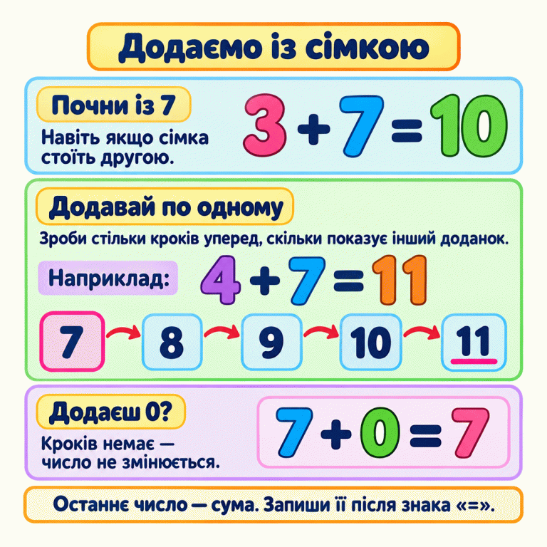 Додавати можна починати із 7, навіть якщо сімка стоїть другою. Треба зробити стільки одиничних кроків уперед, скільки показує інший доданок. Наприклад, для 4 + 7 від сімки робимо чотири кроки: 8, 9, 10, 11. Отже, сума — 11. Якщо додаємо нуль, кроків немає: 7 + 0 = 7. Суму записуємо після знака рівності. Додаємо із сімкою Почни із 7: Навіть якщо сімка стоїть другою. Додавай по одному: Зроби стільки кроків уперед, скільки показує інший доданок. Додаєш 0?: Кроків немає — число не змінюється. Останнє число — сума. Запиши її після знака «=». Наприклад: 4 + 7 = 11 7 8 9 10 11 7 + 0 = 7 3 + 7 = 10
