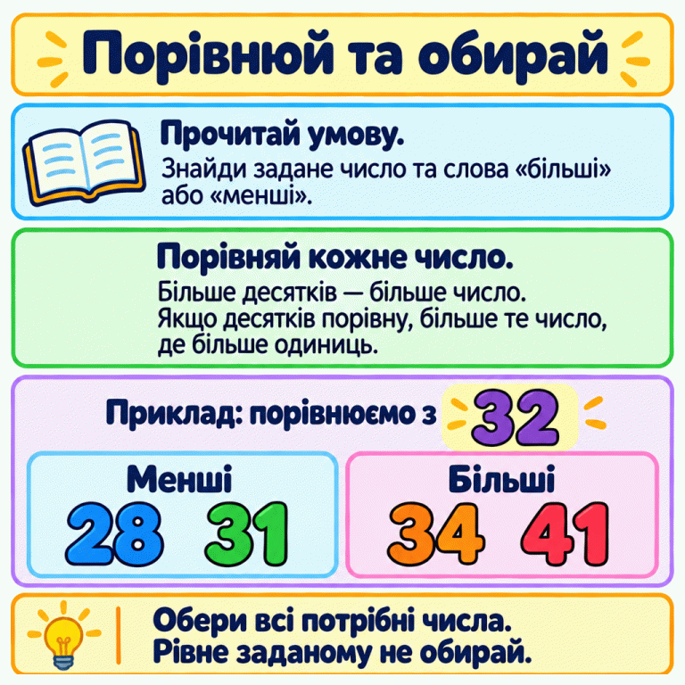 Пам’ятка про вибір більших і менших чисел. Спочатку знайди задане число й прочитай, які числа треба обрати. Порівнюй десятки, а якщо десятків порівну — одиниці. У навчальному прикладі порівнюємо з 32: 28 і 31 менші, а 34 і 41 більші. Обери всі числа, що відповідають умові. Рівне заданому число не обирай. Порівнюй та обирай Прочитай умову.: Знайди задане число та слова «більші» або «менші». Порівняй кожне число.: Більше десятків — більше число. Якщо десятків порівну, більше те число, де більше одиниць. Обери всі потрібні числа. Рівне заданому не обирай. Приклад: порівнюємо з 32 Менші 28 31 Більші 34 41