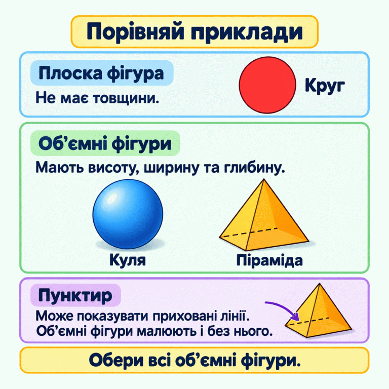 Порівняння прикладів: круг — плоска фігура без товщини; куля й піраміда — об’ємні фігури з висотою, шириною та глибиною. На піраміді пунктир показує приховане ребро. Куля зображена без пунктиру: об’єм можна передати й без нього. Обери всі об’ємні фігури. Порівняй приклади Плоска фігура: Не має товщини. Об’ємні фігури: Мають висоту, ширину та глибину. Пунктир: Може показувати приховані лінії. Об’ємні фігури малюють і без нього. Обери всі об’ємні фігури. Круг Куля Піраміда