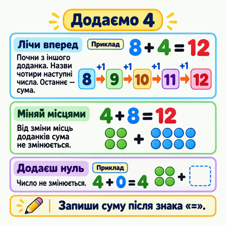 Картка пояснює додавання чотирьох: почни з іншого доданка й назви чотири наступні числа. У навчальному прикладі 8 + 4 = 12 показано ряд 8, 9, 10, 11, 12 з чотирма стрілками, кожна з позначкою +1. Рівність 4 + 8 = 12 показує, що переставляння доданків не змінює суму. Приклад 4 + 0 = 4 пояснює додавання нуля. Суму записують після знака рівності. Додаємо 4 Лічи вперед: Почни з іншого доданка. Назви чотири наступні числа. Останнє — сума. Міняй місцями: Від зміни місць доданків сума не змінюється. Додаєш нуль: Число не змінюється. Запиши суму після знака «=». Приклад 8 + 4 = 12 8 9 10 11 12 +1 4 + 8 = 12 4 + 0 = 4 + +