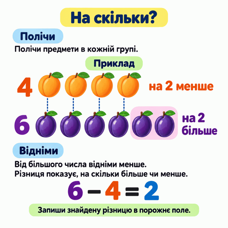 Навчальний приклад: чотири абрикоси та шість слив. Кожному абрикосу відповідає одна слива, ще дві сливи залишаються без пари. Абрикосів на два менше, а слив на два більше. Від шести віднімаємо чотири й отримуємо два. Щоб виконати своє завдання, полічи обидві групи, від більшого числа відніми менше та запиши знайдену різницю в порожнє поле. На скільки? Полічи: Полічи предмети в кожній групі. Відніми: Від більшого числа відніми менше.
Різниця показує, на скільки більше чи менше. Запиши знайдену різницю в порожнє поле. Приклад 4 6 на 2 менше на 2 більше 6 − 4 = 2