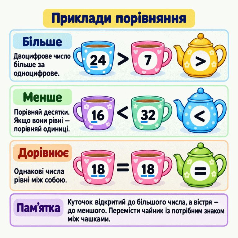 Три навчальні приклади на чашках: 24 більше за 7, 16 менше за 32, 18 дорівнює 18. Поруч із кожним прикладом — чайник із відповідним знаком. Пояснення радить порівнювати кількість цифр, потім десятки й одиниці. Відкрита сторона куточка звернена до більшого числа, вістря — до меншого. Для однакових чисел потрібен знак рівності. Приклади порівняння Більше: Двоцифрове число більше за одноцифрове. Менше: Порівняй десятки. Якщо вони рівні — порівняй одиниці. Дорівнює: Однакові числа рівні між собою. Куточок відкритий до більшого числа, а вістря — до меншого. Перемісти чайник із потрібним знаком між чашками. 24 7 > 16 32 < 18 = Пам’ятка