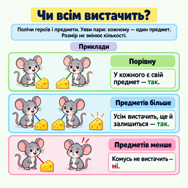 Три навчальні приклади з мишками та сиром. Дві мишки й два шматочки: кожній по одному, порівну — вистачить. Дві мишки й три шматочки: кожній по одному, ще один залишається — вистачить. Дві мишки й один шматочок: одній мишці бракує — не вистачить. Потрібно полічити героїв і предмети та уявити пари, не зважаючи на розмір малюнків. Чи всім вистачить? Порівну: У кожного є свій предмет — так. Предметів більше: Усім вистачить, ще й залишиться — так. Предметів менше: Комусь не вистачить — ні. Полічи героїв і предмети. Уяви пари: кожному — один предмет. Розмір не змінює кількості. Приклади