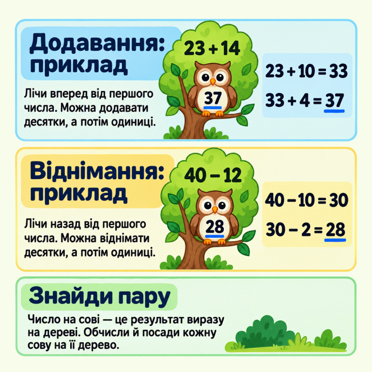 Два навчальні приклади показують, як знайти сові дерево. Додавання: до 23 додаємо 10, отримуємо 33; додаємо ще 4, отримуємо 37. Сова з числом 37 сидить на дереві з виразом 23 + 14. Віднімання: від 40 віднімаємо 10, отримуємо 30; віднімаємо ще 2, отримуємо 28. Сова з числом 28 сидить на дереві з виразом 40 − 12. Обчисли вираз на кожному дереві та добери сову з таким самим числом. Додавання: приклад: Лічи вперед від першого числа. Можна додавати десятки, а потім одиниці. Віднімання: приклад: Лічи назад від першого числа. Можна віднімати десятки, а потім одиниці. Знайди пару: Число на сові — це результат виразу на дереві. Обчисли й посади кожну сову на її дерево. 23 + 14 23 + 10 = 33 33 + 4 = 37 37 40 − 12 40 − 10 = 30 30 − 2 = 28 28