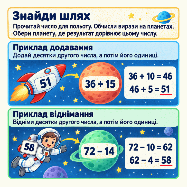 Щоб знайти шлях, обчисли вирази на планетах і порівняй результати з числом для польоту. У прикладі додавання ракета має число 51: 36 + 10 = 46, потім 46 + 5 = 51, тому їй підходить планета з виразом 36 + 15. В окремому прикладі космонавт має число 58: 72 − 10 = 62, потім 62 − 4 = 58, тому йому підходить планета з виразом 72 − 14. Знайди шлях: Прочитай число для польоту. Обчисли вирази на планетах. Обери планету, де результат дорівнює цьому числу. Приклад додавання: Додай десятки другого числа, а потім його одиниці. Приклад віднімання: Відніми десятки другого числа, а потім його одиниці. 51 36 + 15 36 + 10 = 46 46 + 5 = 51 58 72 − 14 72 − 10 = 62 62 − 4 = 58