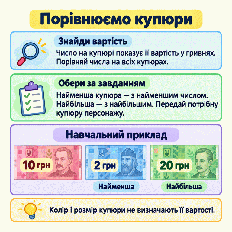 Пояснення порівняння купюр за вартістю. Число на купюрі показує її вартість у гривнях. Для найменшої купюри шукай найменше число серед усіх запропонованих, для найбільшої — найбільше. У навчальному прикладі показано 10 грн, 2 грн і 20 грн: найменша купюра — 2 грн, найбільша — 20 грн. Передай персонажу купюру, яку просять у завданні. Колір і розмір купюри не визначають її вартості. Порівнюємо купюри Знайди вартість: Число на купюрі показує її вартість у гривнях. Порівняй числа на всіх купюрах. Обери за завданням: Найменша купюра — з найменшим числом. Найбільша — з найбільшим. Передай потрібну купюру персонажу. Колір і розмір купюри не визначають її вартості. Навчальний приклад 10 грн 2 грн 20 грн Найменша Найбільша