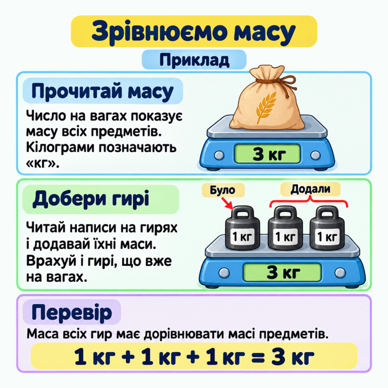 Навчальний приклад зрівнювання мас. Ваги з мішечком показують 3 кг. На інших вагах уже була одна гиря масою 1 кг; додали ще дві такі гирі. Усі три гирі разом мають масу 3 кг, тому показники обох ваг однакові. Під ілюстрацією: 1 кг + 1 кг + 1 кг = 3 кг. Пояснення нагадує читати масу предметів і написи на гирях та враховувати гирі, які вже стоять на вагах. Зрівнюємо масу Прочитай масу: Число на вагах показує масу всіх предметів. Кілограми позначають «кг». Добери гирі: Читай написи на гирях і додавай їхні маси. Врахуй і гирі, що вже на вагах. Перевір: Маса всіх гир має дорівнювати масі предметів. Приклад 3 кг 1 кг Було Додали 1 кг + 1 кг + 1 кг = 3 кг