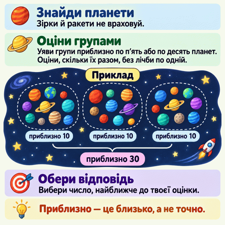 Картка пояснює, як приблизно оцінити кількість планет. Зірки й ракети не враховуємо. У навчальному прикладі планети зібрані в три групи: у кожній приблизно десять, а разом приблизно тридцять. Уявні групи допомагають оцінити кількість без лічби всіх планет по одній. Потім вибираємо найближче із запропонованих чисел. Знайди планети: Зірки й ракети не враховуй. Оціни групами: Уяви групи приблизно по п’ять або по десять планет. Оціни, скільки їх разом, без лічби по одній. Обери відповідь: Вибери число, найближче до твоєї оцінки. Приблизно — це близько, а не точно. Приклад приблизно 10 приблизно 30
