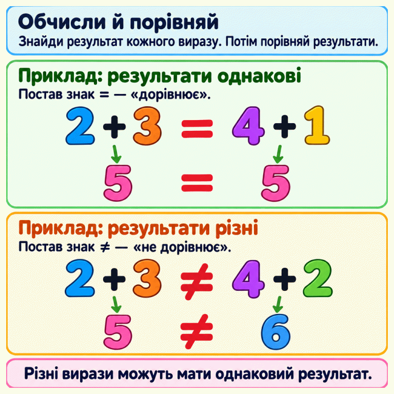 Спочатку обчисли кожен вираз, потім порівняй результати. Навчальний приклад: 2 + 3 і 4 + 1 дають по 5, тому між виразами ставимо знак «дорівнює». Інший приклад: 2 + 3 дає 5, а 4 + 2 дає 6, тому ставимо знак «не дорівнює». Різні вирази можуть мати однаковий результат. Обчисли й порівняй: Знайди результат кожного виразу. Потім порівняй результати. Приклад: результати однакові: Постав знак = — «дорівнює». Приклад: результати різні: Постав знак ≠ — «не дорівнює». Різні вирази можуть мати однаковий результат. 2 + 3 4 + 1 4 + 2 5 6 = ≠