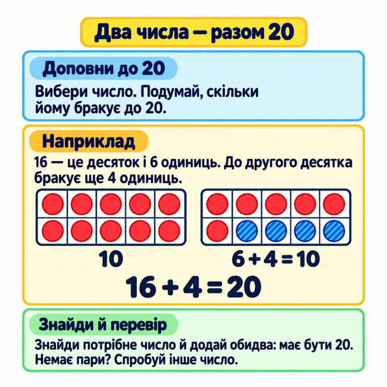 Щоб знайти пару із сумою 20, визнач, скільки бракує вибраному числу, і пошукай це число серед поданих. У прикладі 16 — це десяток і 6 одиниць. Ще 4 одиниці утворюють другий десяток: 16 + 4 = 20. Дві рамки показують двадцять фішок; чотири додані позначені смужками. Перевір знайдену пару додаванням. Якщо пари немає, спробуй інше число. Два числа — разом 20 Доповни до 20: Вибери число. Подумай, скільки йому бракує до 20. Наприклад: 16 — це десяток і 6 одиниць. До другого десятка бракує ще 4 одиниць. Знайди й перевір: Знайди потрібне число й додай обидва: має бути 20. Немає пари? Спробуй інше число. 10 6 + 4 = 10 16 + 4 = 20