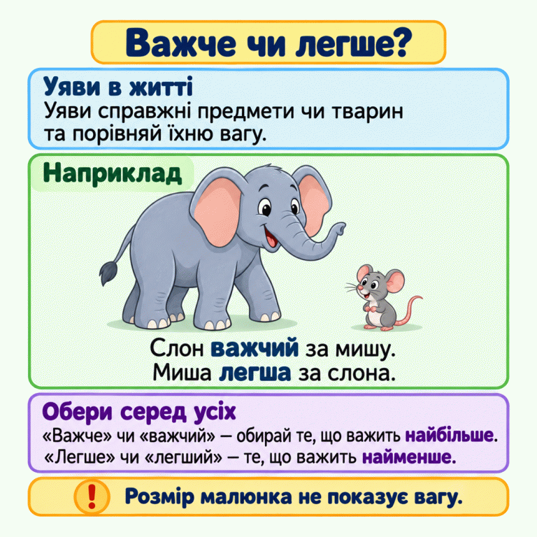 Картка пояснює, як порівнювати вагу предметів і тварин у житті. Навчальний приклад: слон важчий за мишу, а миша легша за слона. Якщо запитують про важче, обирай найбільшу вагу серед усіх варіантів; якщо про легше — найменшу. Розмір малюнка не показує вагу. Важче чи легше? Уяви в житті: Уяви справжні предмети чи тварин та порівняй їхню вагу. Наприклад: Слон важчий за мишу. Миша легша за слона. Обери серед усіх: «Важче» чи «важчий» — обирай те, що важить найбільше. «Легше» чи «легший» — те, що важить найменше. Розмір малюнка не показує вагу. !