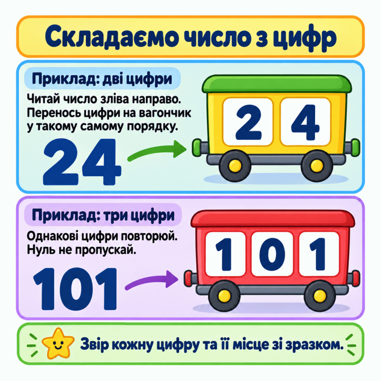 Два навчальні приклади складання числа на вагончику. За зразком 24 поставлено цифри 2 і 4 зліва направо. За зразком 101 поставлено цифри 1, 0 і 1: одиниця повторюється, а нуль залишається посередині. Перенось цифри в порядку зразка й перевіряй кожне місце. Складаємо число з цифр Приклад: дві цифри: Читай число зліва направо. Перенось цифри на вагончик у такому самому порядку. Приклад: три цифри: Однакові цифри повторюй. Нуль не пропускай. Звір кожну цифру та її місце зі зразком. 24 2 4 101 1