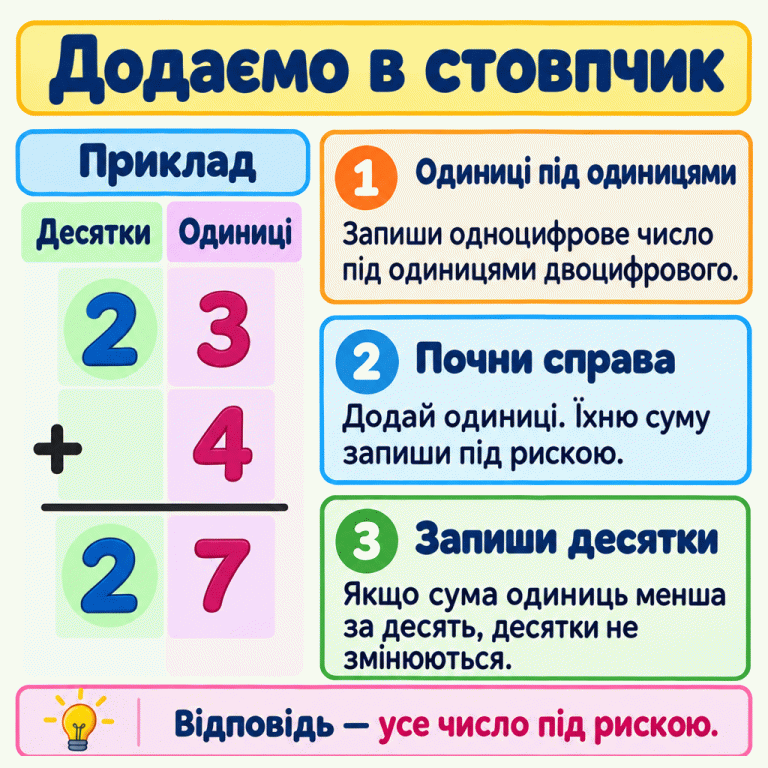 Навчальний приклад додавання у стовпчик: 23 плюс 4 дорівнює 27. Ліворуч розташовані десятки, праворуч — одиниці. Чотири записано під трьома; під рискою в цьому стовпчику стоїть сім. Два десятки залишаються незмінними. Пояснення радить починати справа й записувати у відповідь усе число під рискою. Додаємо в стовпчик Одиниці під одиницями: Запиши одноцифрове число під одиницями двоцифрового. Почни справа: Додай одиниці. Їхню суму запиши під рискою. Запиши десятки: Якщо сума одиниць менша за десять, десятки не змінюються. Відповідь — усе число під рискою. Приклад Десятки Одиниці 2 3 4 + 7 1 2 3