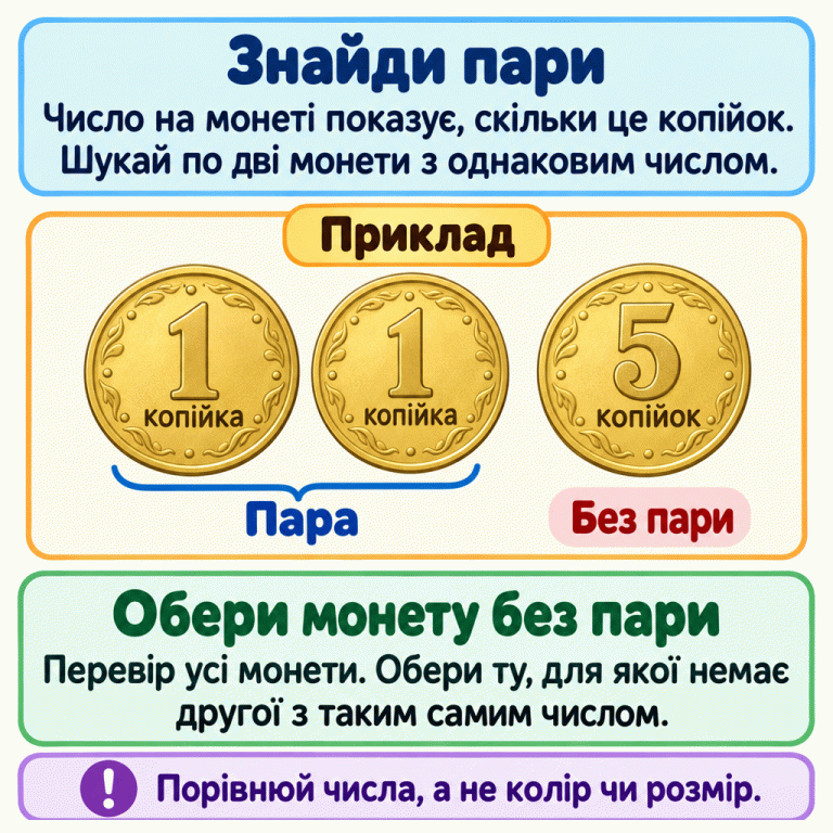 Навчальний приклад пошуку монети без пари. Дві монети по одній копійці утворюють пару. Монета у п’ять копійок не має пари, бо другої такої монети в цьому наборі немає. Потрібно порівняти числа на всіх монетах, а не їхній колір чи розмір. Знайди пари: Число на монеті показує, скільки це копійок. Шукай по дві монети з однаковим числом. Обери монету без пари: Перевір усі монети. Обери ту, для якої немає другої з таким самим числом. Порівнюй числа, а не колір чи розмір. Приклад 1 копійка 5 копійок Пара Без пари !