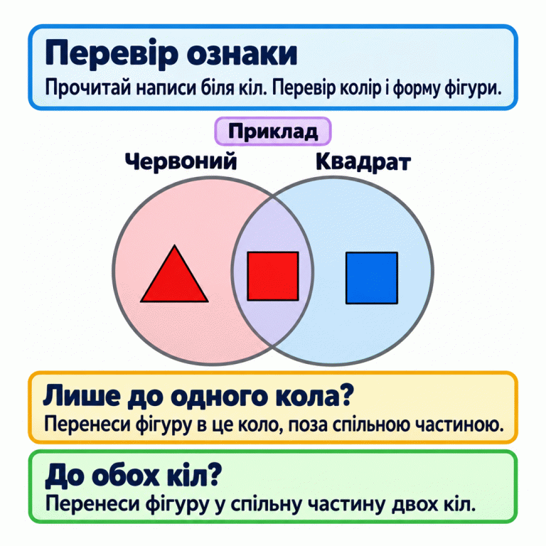 Навчальний приклад діаграми Венна. Одне коло має підпис «Червоний», інше — «Квадрат». Червоний трикутник лежить лише в колі кольору, синій квадрат — лише в колі форми, а червоний квадрат — у спільній частині обох кіл. Щоб знайти місце фігури, прочитай підписи й перевір її колір і форму. Перевір ознаки: Прочитай написи біля кіл. Перевір колір і форму фігури. Лише до одного кола?: Перенеси фігуру в це коло, поза спільною частиною. До обох кіл?: Перенеси фігуру у спільну частину двох кіл. Приклад Червоний Квадрат