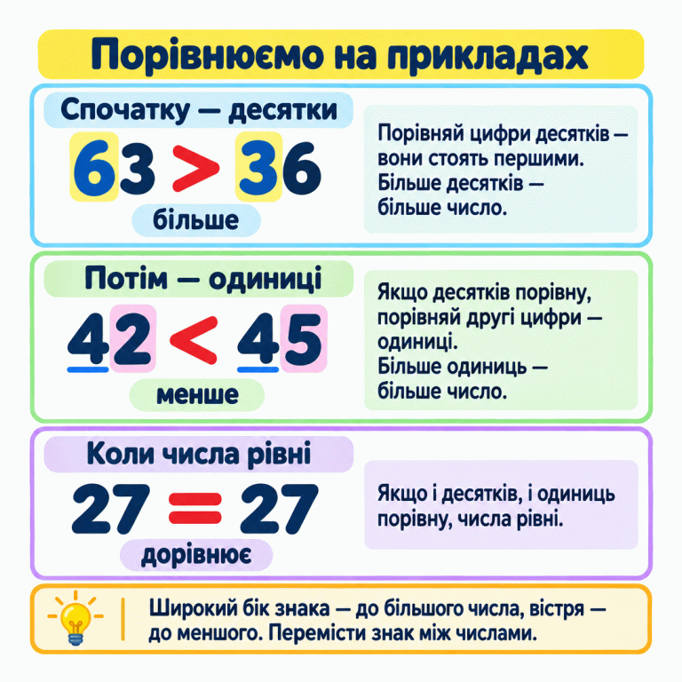 Три навчальні приклади порівняння двоцифрових чисел. Спочатку порівнюємо десятки: 63 більше за 36. Якщо десятків порівну, порівнюємо одиниці: 42 менше за 45. Якщо десятки й одиниці однакові, числа рівні: 27 дорівнює 27. Широкий бік знака нерівності спрямований до більшого числа, вістря — до меншого. Потрібний знак слід перемістити між числами. Порівнюємо на прикладах Спочатку — десятки: Порівняй цифри десятків — вони стоять першими. Більше десятків — більше число. Потім — одиниці: Якщо десятків порівну, порівняй другі цифри — одиниці. Більше одиниць — більше число. Коли числа рівні: Якщо і десятків, і одиниць порівну, числа рівні. Широкий бік знака — до більшого числа, вістря — до меншого. Перемісти знак між числами. 63 > 36 більше 42 < 45 менше 27 = дорівнює