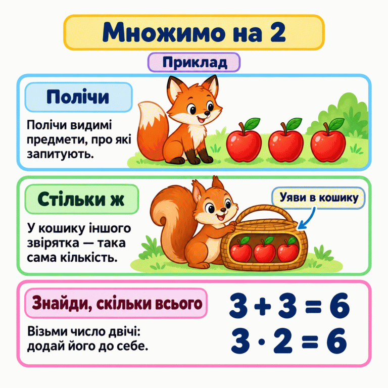 Навчальний приклад множення на два. Біля одного звірятка три яблука. У кошику іншого — стільки ж; його вміст показано для пояснення. Три плюс три дорівнює шести. Три помножити на два також дорівнює шести. Щоб знайти загальну кількість, полічіть названі предмети й візьміть це число двічі. Множимо на 2 Полічи: Полічи видимі предмети, про які запитують. Стільки ж: У кошику іншого звірятка — така сама кількість. Знайди, скільки всього: Візьми число двічі: додай його до себе. Приклад Уяви в кошику 3 + 3 = 6 3 · 2 = 6