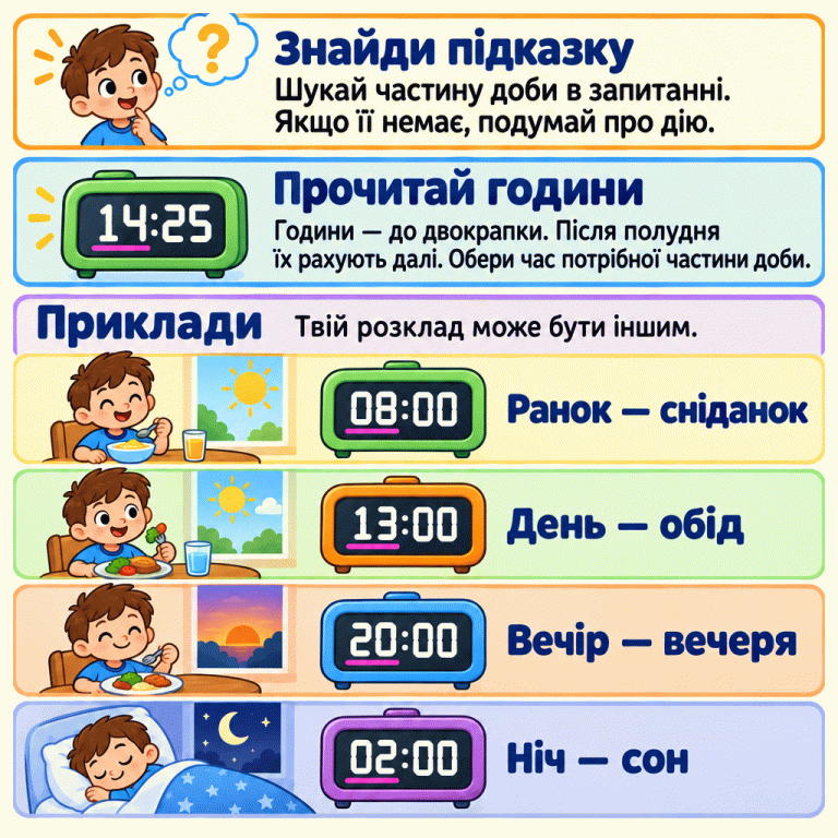 Картка пояснює: спочатку знайди частину доби в запитанні, а якщо її не названо — подумай про дію. На цифровому годиннику години записано до двокрапки. Наведено приклади: ранок і сніданок — 08:00, день і обід — 13:00, вечір і вечеря — 20:00, ніч і сон — 02:00. Це приклади, а не однаковий розклад для всіх. Знайди підказку: Шукай частину доби в запитанні. Якщо її немає, подумай про дію. Прочитай години: Години — до двокрапки. Після полудня їх рахують далі. Обери час потрібної частини доби. Приклади: Твій розклад може бути іншим. Ранок — сніданок 08:00 День — обід 13:00 Вечір — вечеря 20:00 Ніч — сон 02:00 ? 14:25