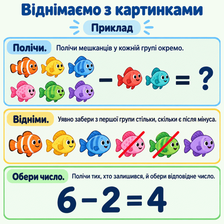 Навчальний приклад віднімання з рибками. Спочатку показано шість рибок мінус дві рибки, а замість результату — знак питання. Далі з шести рибок дві перекреслено: залишилися чотири неперекреслені. Числовий запис: шість мінус два дорівнює чотири. Полічи кожну групу окремо, уявно забери потрібну кількість із першої та обери число, що показує залишок. Віднімаємо з картинками Полічи.: Полічи мешканців у кожній групі окремо. Відніми.: Уявно забери з першої групи стільки, скільки є після мінуса. Обери число.: Полічи тих, хто залишився, й обери відповідне число. Приклад − = ? 6 2 4