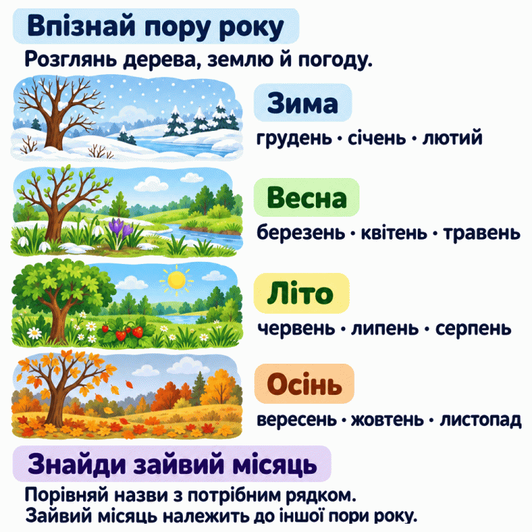 Впізнай пору року за деревами, землею й погодою. Зима: грудень, січень, лютий. Весна: березень, квітень, травень. Літо: червень, липень, серпень. Осінь: вересень, жовтень, листопад. Біля кожної групи показано відповідні ознаки природи: сніг, молоді паростки, густе листя або листопад. Порівняй запропоновані назви з місяцями потрібної пори року. Зайвий місяць належить до іншої пори року. Впізнай пору року: Розглянь дерева, землю й погоду. Знайди зайвий місяць: Порівняй назви з потрібним рядком.
Зайвий місяць належить до іншої пори року. Зима грудень · січень · лютий Весна березень · квітень · травень Літо червень · липень · серпень Осінь вересень · жовтень · листопад