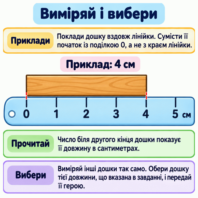 Навчальний приклад вимірювання дошки лінійкою. Початок дошки суміщений із нульовою поділкою, а другий кінець — із поділкою 4. Довжина цієї дошки — 4 см. Щоб виконати завдання, виміряй дошки так само та вибери ту, довжина якої вказана в умові. Виміряй і вибери Приклади: Поклади дошку вздовж лінійки. Сумісти її початок із поділкою 0, а не з краєм лінійки. Прочитай: Число біля другого кінця дошки показує її довжину в сантиметрах. Вибери: Виміряй інші дошки так само. Обери дошку тієї довжини, що вказана в завданні, і передай її герою. 1 2 3 4 5 см Приклад: 4 см