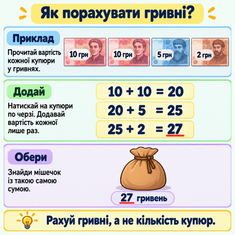Навчальний приклад лічби гривень. Показано дві купюри по 10 гривень, одну на 5 і одну на 2 гривні. Додаємо по черзі: 10 плюс 10 — це 20, 20 плюс 5 — це 25, 25 плюс 2 — це 27. Мішечок має підпис «27 гривень». Кожну купюру враховуємо один раз: рахуємо суму гривень, а не кількість купюр. Як порахувати гривні? Приклад: Прочитай вартість кожної купюри у гривнях. Додай: Натискай на купюри по черзі. Додавай вартість кожної лише раз. Обери: Знайди мішечок із такою самою сумою. Рахуй гривні, а не кількість купюр. 10 грн 5 грн 2 грн 10 + 10 = 20 20 + 5 = 25 25 + 2 = 27 27 гривень