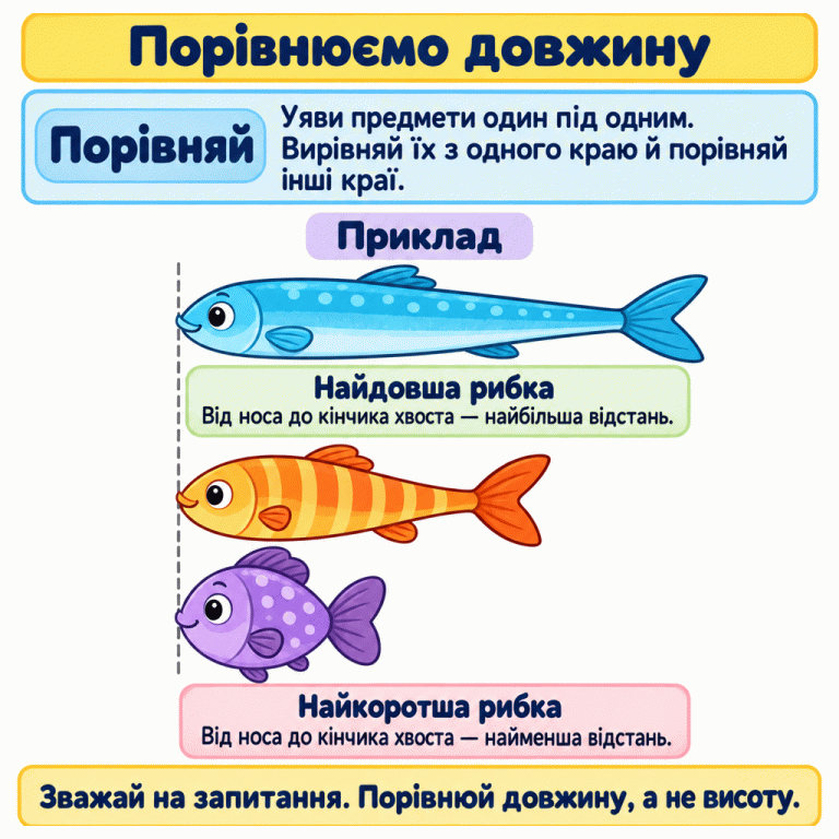 Приклад порівняння довжини: три рибки вирівняні носами. Хвіст найдовшої сягає найдалі від спільного початку, а хвіст найкоротшої закінчується найближче. Найкоротша рибка вища за найдовшу: висота не визначає довжину. У завданні потрібно вибрати довше або коротше відповідно до запитання. Порівнюємо довжину Порівняй: Уяви предмети один під одним. Вирівняй їх з одного краю й порівняй інші краї. Найдовша рибка: Від носа до кінчика хвоста — найбільша відстань. Найкоротша рибка: Від носа до кінчика хвоста — найменша відстань. Зважай на запитання. Порівнюй довжину, а не висоту. Приклад
