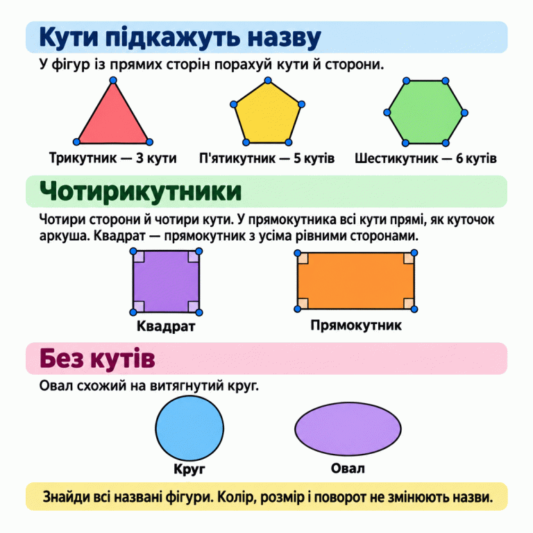 Картка пояснює, як упізнавати фігури. Трикутник має три кути, п'ятикутник — п'ять, шестикутник — шість. Чотирикутники мають чотири сторони й чотири кути. У прямокутника всі кути прямі; квадрат — це прямокутник з усіма рівними сторонами. Круг і овал не мають кутів; овал схожий на витягнутий круг. Потрібно знайти всі названі фігури, не орієнтуючись на їхній колір, розмір або поворот. Кути підкажуть назву: У фігур із прямих сторін порахуй кути й сторони. Чотирикутники: Чотири сторони й чотири кути. У прямокутника всі кути прямі, як куточок аркуша. Квадрат — прямокутник з усіма рівними сторонами. Без кутів: Овал схожий на витягнутий круг. Знайди всі названі фігури. Колір, розмір і поворот не змінюють назви. Трикутник — 3 кути П'ятикутник — 5 кутів Шестикутник — 6 кутів Квадрат Прямокутник Круг Овал