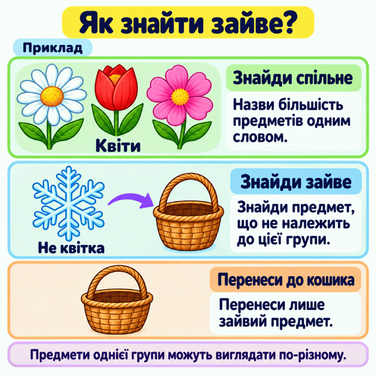 Як знайти зайве: назви більшість предметів одним словом, знайди предмет поза цією групою та перенеси його до кошика. У навчальному прикладі три різні квітки об’єднані назвою «Квіти». Сніжинка — не квітка, тому тут вона зайва. Стрілка від сніжинки до кошика показує перенесення. Предмети однієї групи можуть виглядати по-різному. Як знайти зайве? Знайди спільне: Назви більшість предметів одним словом. Знайди зайве: Знайди предмет, що не належить до цієї групи. Перенеси до кошика: Перенеси лише зайвий предмет. Предмети однієї групи можуть виглядати по-різному. Приклад Квіти Не квітка