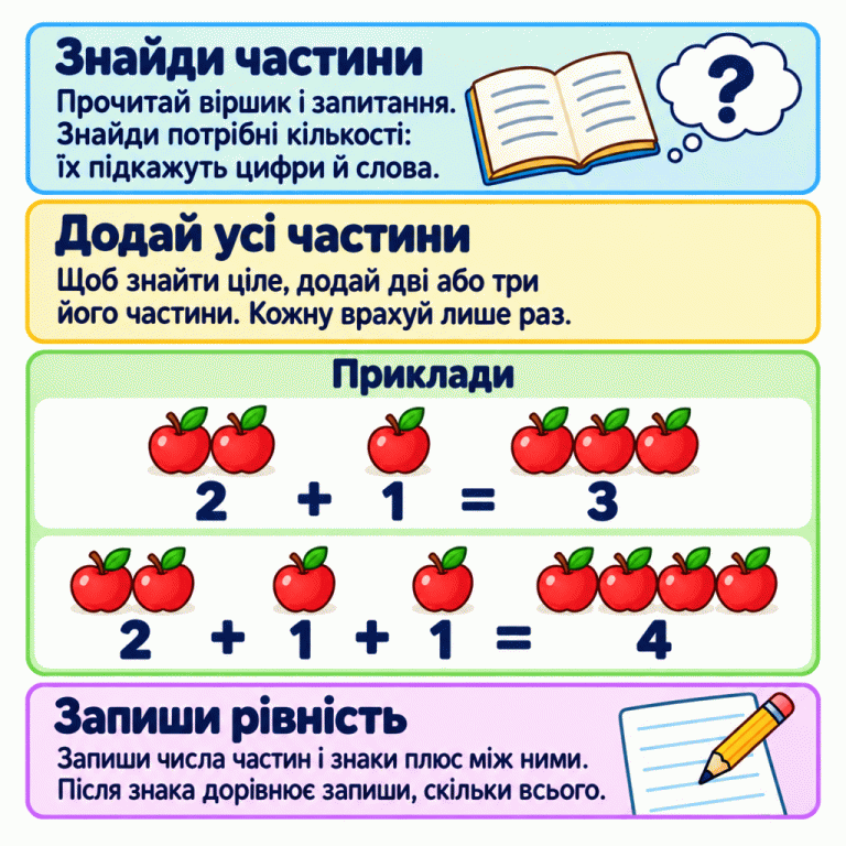Картка пояснює, як скласти рівність за віршованою задачею: знайти потрібні кількості, додати всі частини та записати результат. Наведено два навчальні приклади з яблуками. Два яблука та одне яблуко — разом три. Два яблука, одне яблуко та ще одне яблуко — разом чотири. Кожну частину потрібно врахувати лише один раз. Знайди частини: Прочитай віршик і запитання. Знайди потрібні кількості: їх підкажуть цифри й слова. Додай усі частини: Щоб знайти ціле, додай дві або три його частини. Кожну врахуй лише раз. Запиши рівність: Запиши числа частин і знаки плюс між ними. Після знака дорівнює запиши, скільки всього. Приклади 2 + 1 = 3 2 + 1 + 1 = 4 ?