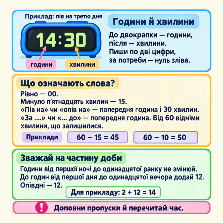 Картка пояснює, як скласти час на цифровому годиннику. До двокрапки записують години, після — хвилини, по дві цифри. Навчальний приклад: пів на третю дня — 14:30, бо 2 + 12 = 14. Рівна година має нульові хвилини. «Пів на» й «опів на» означають попередню годину та тридцять хвилин. Для висловів із «за» або «до» беруть попередню годину й від шістдесяти віднімають хвилини, що залишилися: 60 − 15 = 45, 60 − 10 = 50. До годин від першої дня до одинадцятої вечора додають дванадцять; опівдні записують дванадцять. Наприкінці потрібно доповнити пропущені цифри й перечитати час. Години й хвилини: До двокрапки — години, після — хвилини. Пиши по дві цифри, за потреби — нуль зліва. Що означають слова?: Рівно — 00. Минуло п’ятнадцять хвилин — 15.
«Пів на» чи «опів на» — попередня година і 30 хвилин.
«За …» чи «… до» — попередня година. Від 60 відніми хвилини, що залишилися. Зважай на частину доби: Години від першої ночі до одинадцятої ранку не змінюй. До годин від першої дня до одинадцятої вечора додай 12. Опівдні — 12. Доповни пропуски й перечитай час. Приклад: пів на третю дня 14:30 години хвилини Приклади 60 − 15 = 45 60 − 10 = 50 Для прикладу: 2 + 12 = 14 !