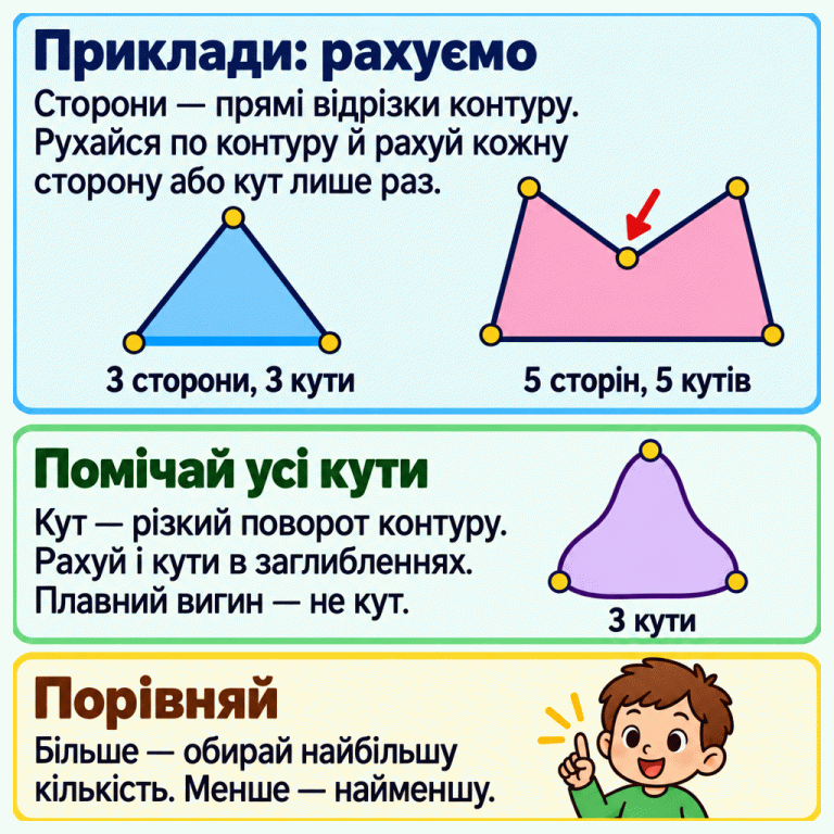 Навчальні приклади для порівняння фігур. У трикутника три сторони й три кути. Увігнутий п’ятикутник має п’ять сторін і п’ять позначених кутів; вказівник показує кут у заглибленні. Ще одна фігура має плавні вигнуті краї та три чіткі кути на їхніх стиках. Пояснення радить рахувати по контуру лише один раз, не плутати плавний вигин із кутом і вибирати найбільшу або найменшу кількість за умовою. Приклади: рахуємо: Сторони — прямі відрізки контуру. Рухайся по контуру й рахуй кожну сторону або кут лише раз. Помічай усі кути: Кут — різкий поворот контуру. Рахуй і кути в заглибленнях. Плавний вигин — не кут. Порівняй: Більше — обирай найбільшу кількість. Менше — найменшу. 3 сторони, 3 кути 5 сторін, 5 кутів 3 кути