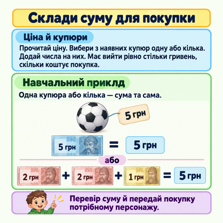 Щоб оплатити покупку, прочитай ціну й додай вартість вибраних доступних купюр. Сума має точно дорівнювати ціні. У навчальному прикладі м’яч коштує п’ять гривень. Його можна оплатити однією купюрою в п’ять гривень або двома купюрами по дві гривні та однією гривнею: два плюс два плюс один дорівнює п’яти. Це два окремі способи оплати. Перевір суму й передай покупку потрібному персонажу. Склади суму для покупки Ціна й купюри: Прочитай ціну. Вибери з наявних купюр одну або кілька. Додай числа на них. Має вийти рівно стільки гривень, скільки коштує покупка. Навчальний приклад: Одна купюра або кілька — сума та сама. Перевір суму й передай покупку потрібному персонажу. 5 грн 2 грн 1 грн + = або