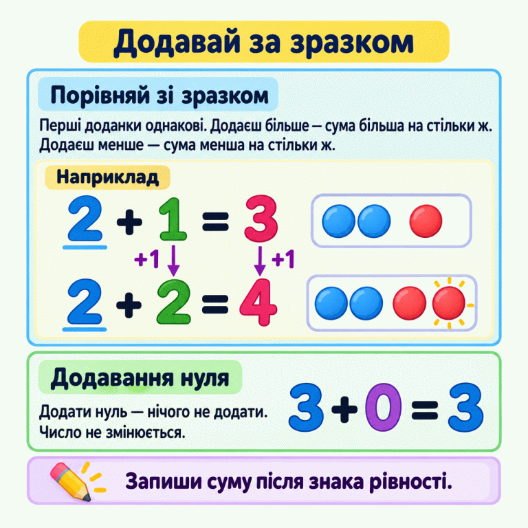 Картка пояснює додавання за зразком. У навчальній парі 2 + 1 = 3 і 2 + 2 = 4 перший доданок не змінюється. Другий доданок і сума збільшуються на один; це також показано групами фішок. Якщо додають менше, сума зменшується на стільки ж. Окремий приклад 3 + 0 = 3 показує, що додавання нуля не змінює числа. Знайдену суму записують після знака рівності. Додавай за зразком Порівняй зі зразком: Перші доданки однакові. Додаєш більше — сума більша на стільки ж. Додаєш менше — сума менша на стільки ж. Додавання нуля: Додати нуль — нічого не додати. Число не змінюється. Запиши суму після знака рівності. Наприклад 2 + 1 = 3 2 + 2 = 4 +1 3 + 0 = 3